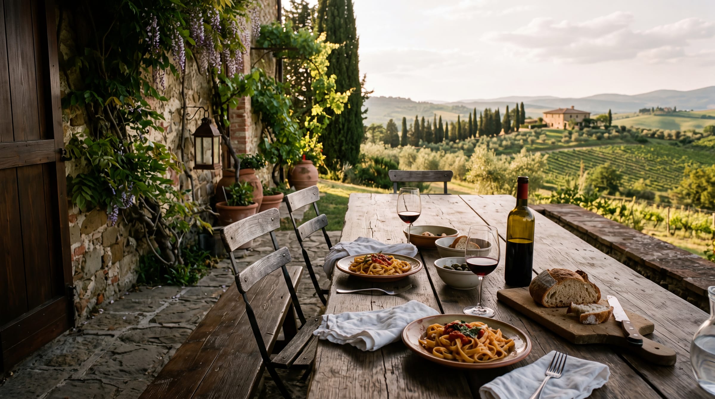 A long wooden table laid for lunch on a stone terrace in Tuscany, looking out over olive groves, cypresses and a hillside farmhouse in late afternoon light