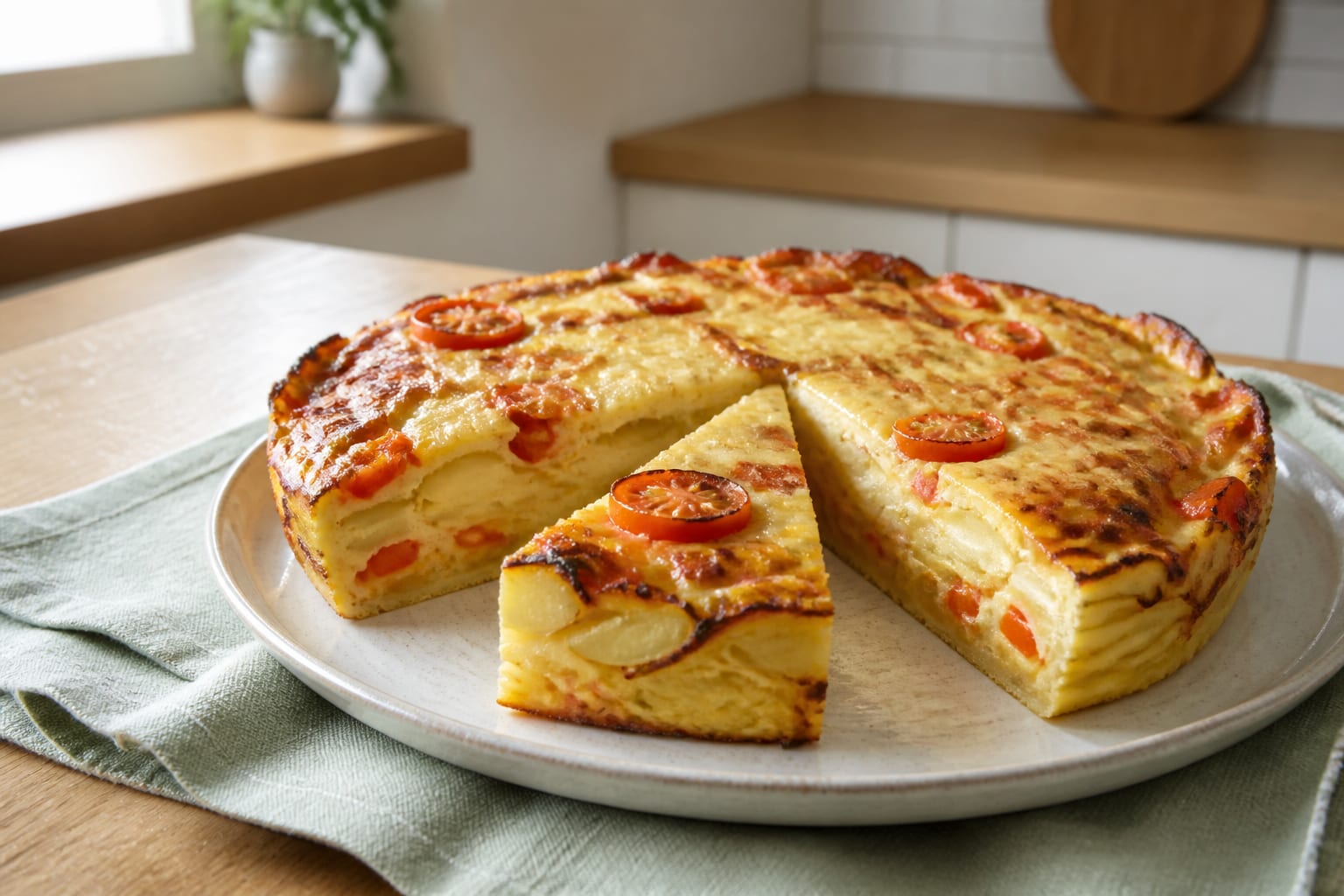 Cheesy air-fryer potato and egg bake served as a natural-light editorial food photograph