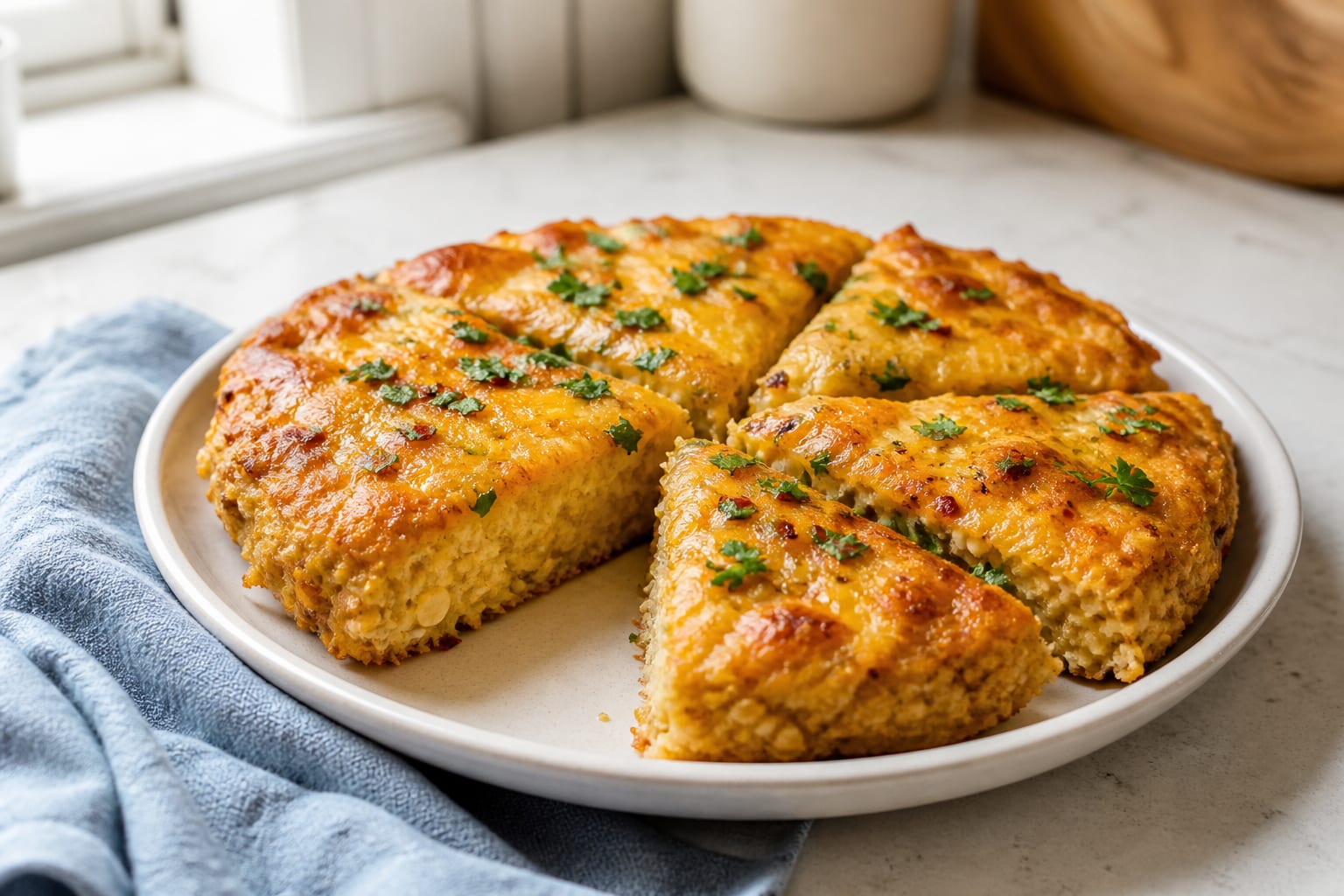 Herzhafter Heißluftfritteuse-Pfannkuchen mit Hafer und Mozzarella, serviert als natürliches, redaktionelles Essensfoto