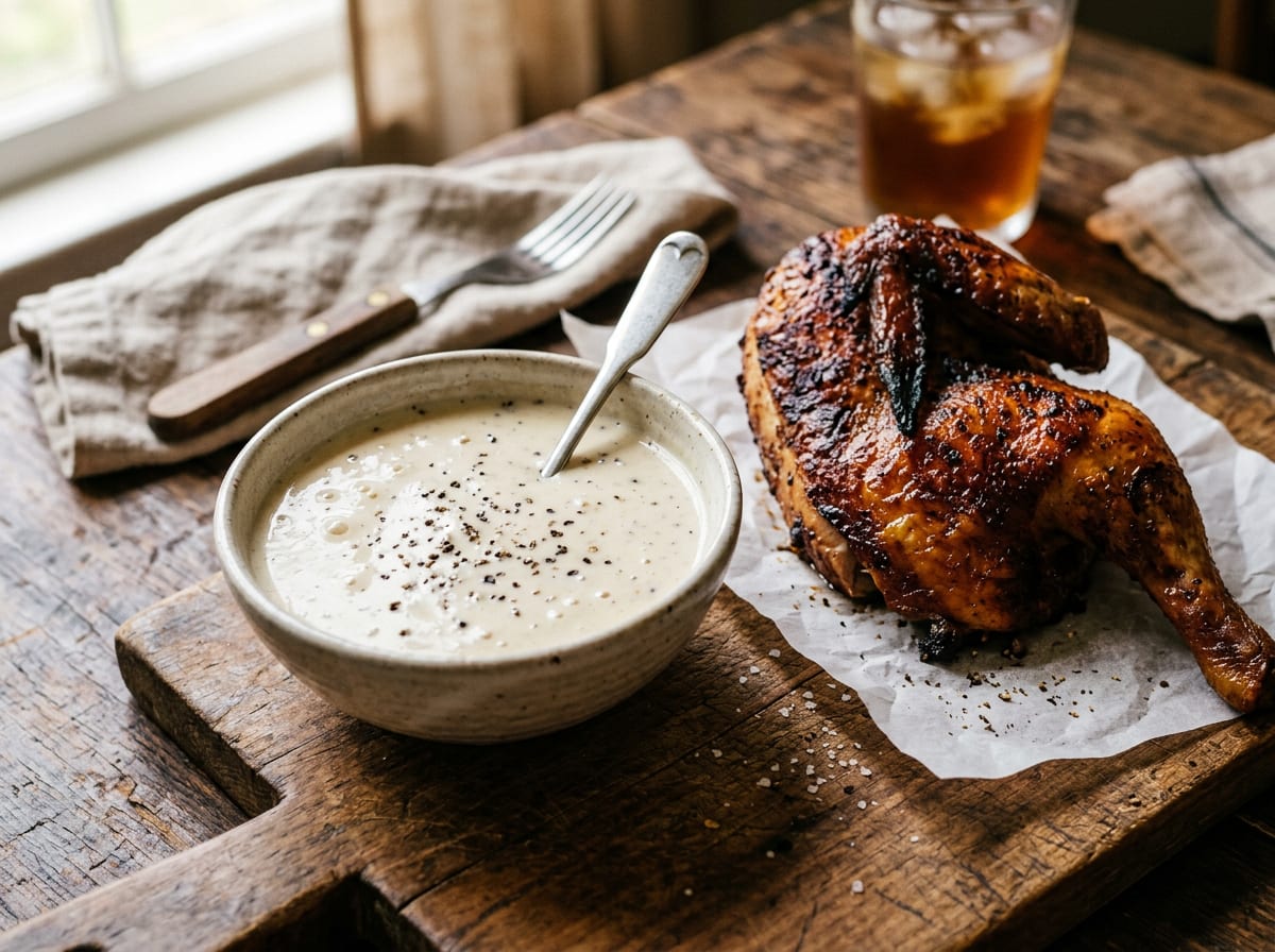 Eine Schale blass elfenbeinfarbener Barbecuesauce, dicht gesprenkelt mit grobem schwarzem Pfeffer, daneben eine geräucherte Hähnchenhälfte auf einem Brett