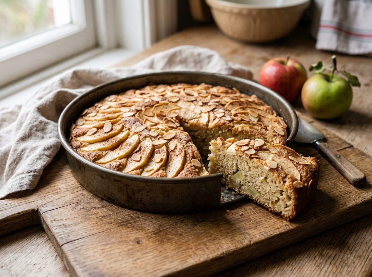 A golden almond-flour apple cake with a fanned pattern of thin apple slices dusted in cinnamon sugar on top, one slice cut, on a wooden board