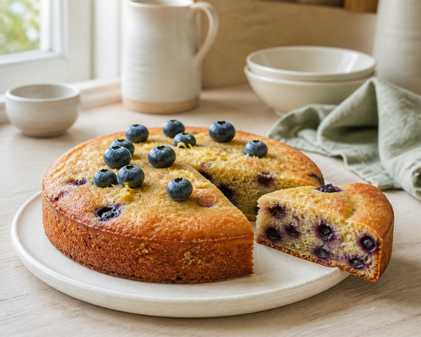 A lightly golden almond-flour lemon cake dotted with blueberries, one modest slice cut, on a cream ceramic plate in natural window light