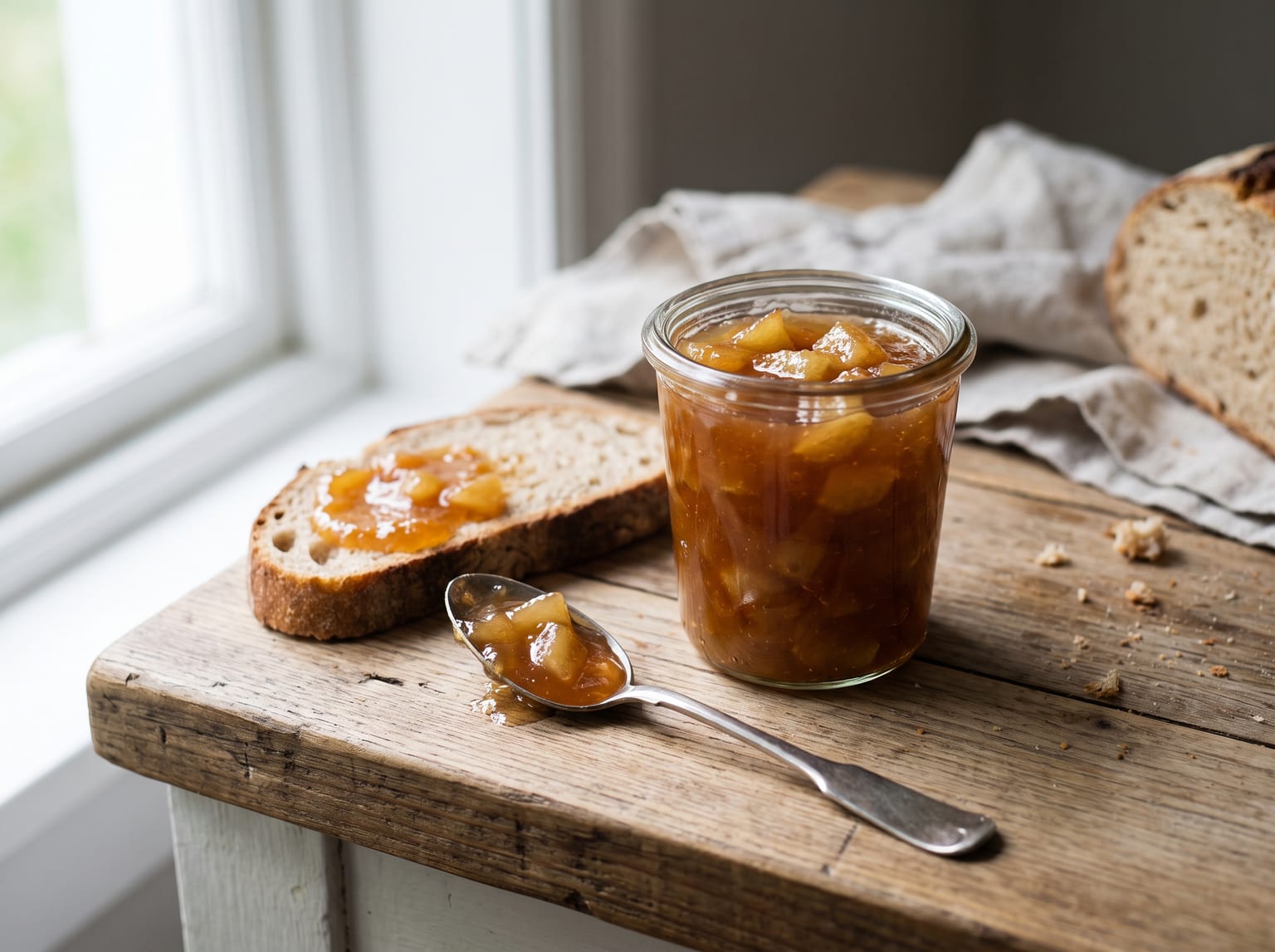 Apple marzipan jam in a jar with a spoon and a spread slice of bread