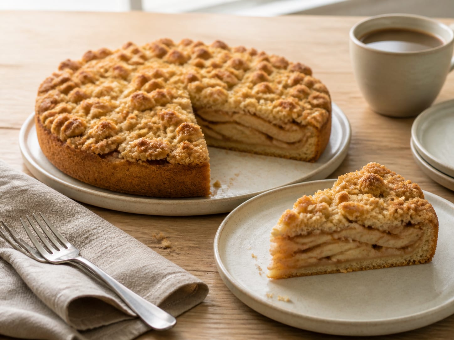 Apfelkuchen mit Streuseln, zum Servieren angerichtet
