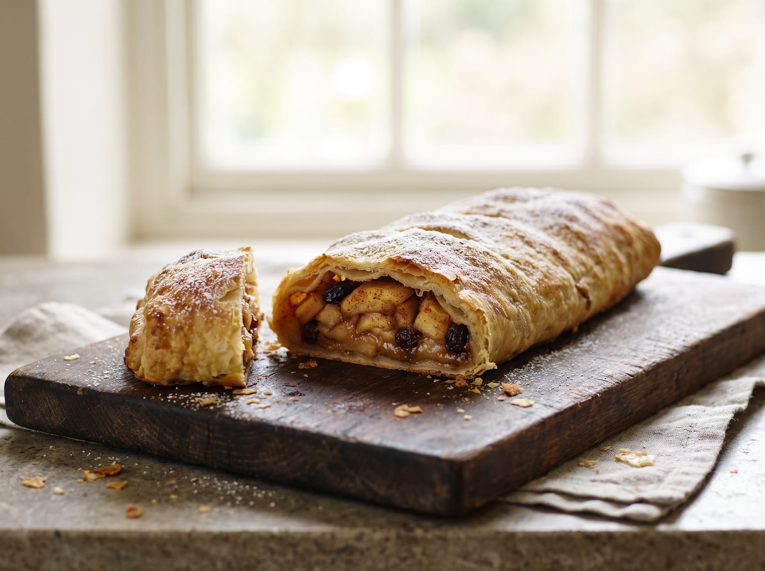 A whole baked apple strudel with one end sliced open showing the apple and raisin filling