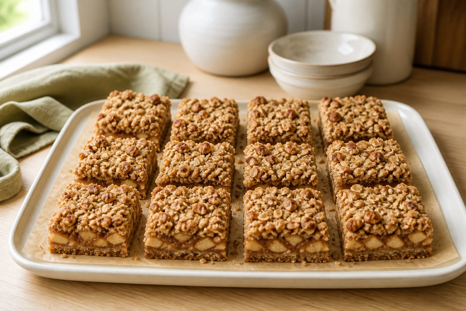 Twelve modest apple-oat crumble bars with visible cinnamon apple pieces and golden oat clusters on parchment in soft natural light