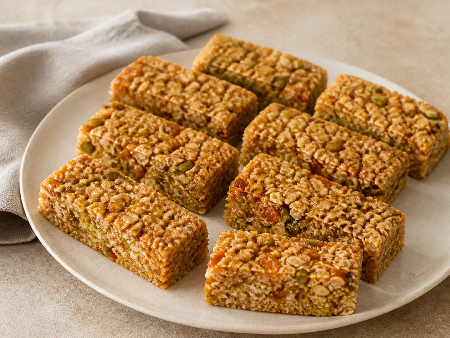 Chewy oat bars studded with dried apricot pieces and green pistachios