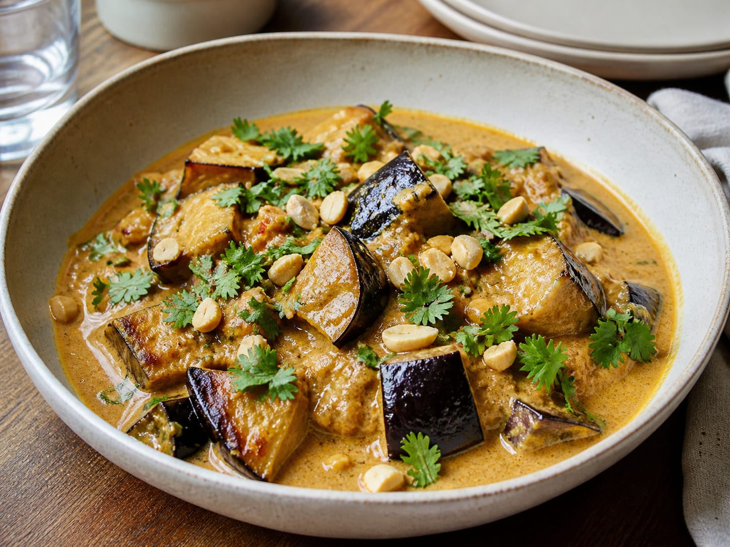 Auberginen-Kokos-Erdnuss-Curry, zum Servieren angerichtet