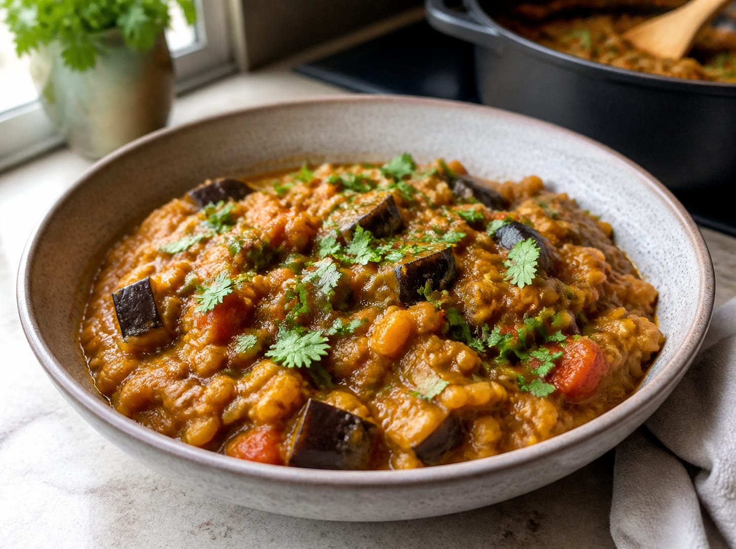 Auberginen-Linsen-Curry, zum Servieren angerichtet