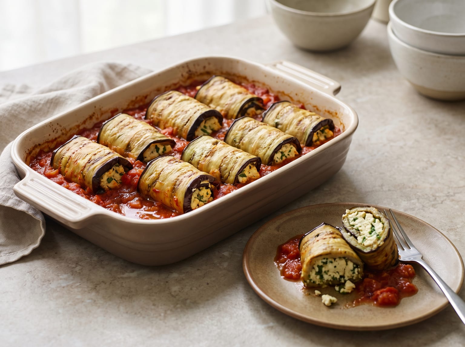 A baking dish of aubergine rolls in tomato sauce with one roll cut open on a plate
