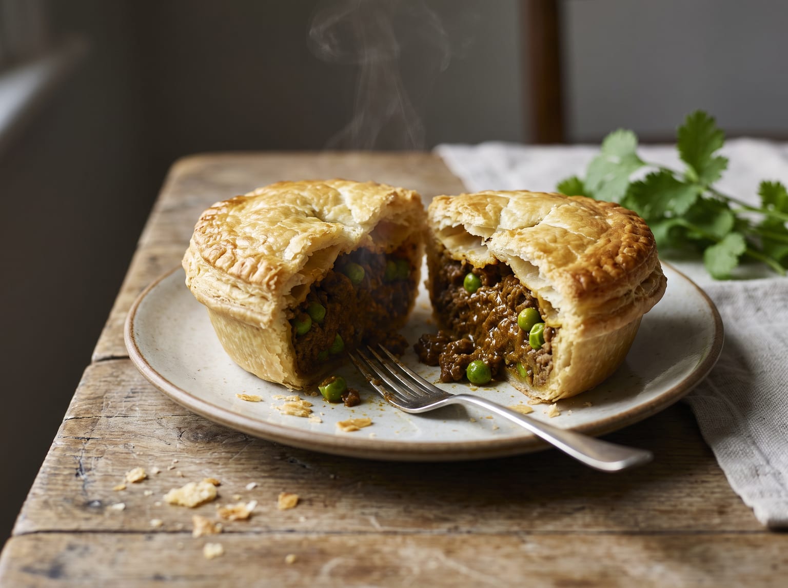 A curry-spiced Australian meat pie cut open showing mince and peas in a curry gravy, with steam rising