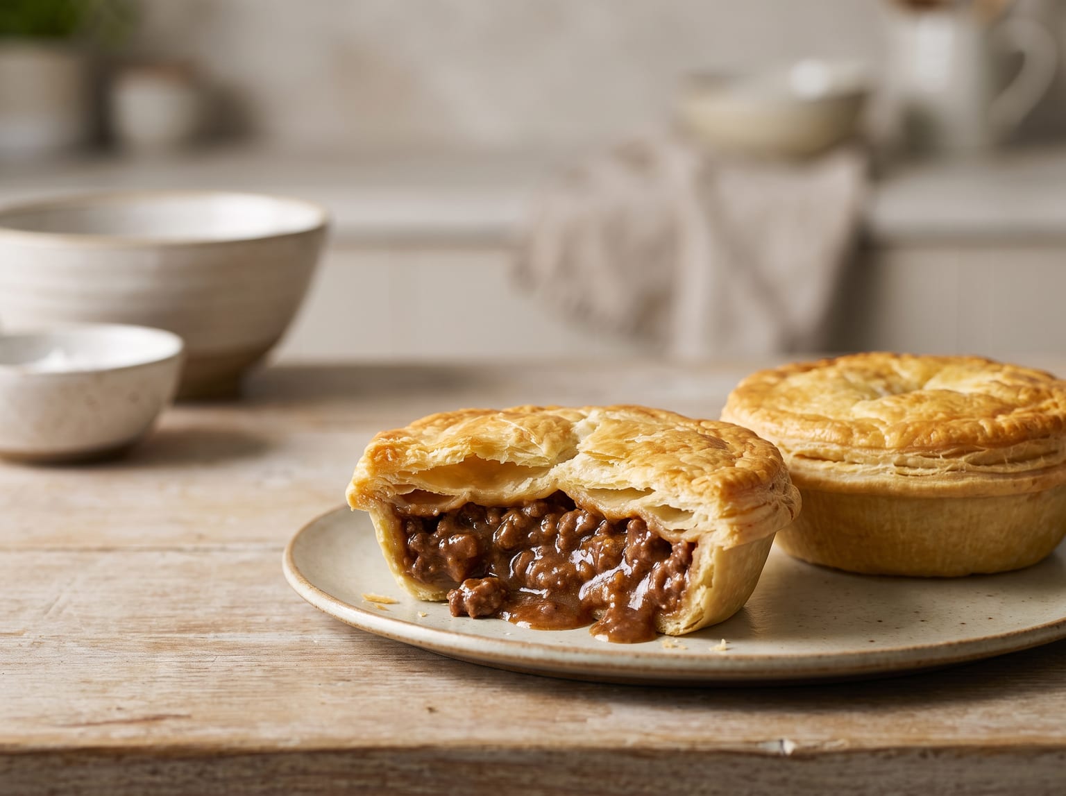 An individual Australian meat pie cut in half showing thick glossy beef mince gravy inside golden puff pastry