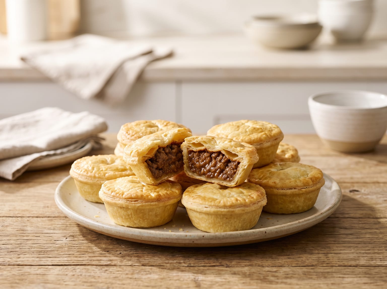 A plate of mini Australian party pies, one cut in half showing the beef mince filling