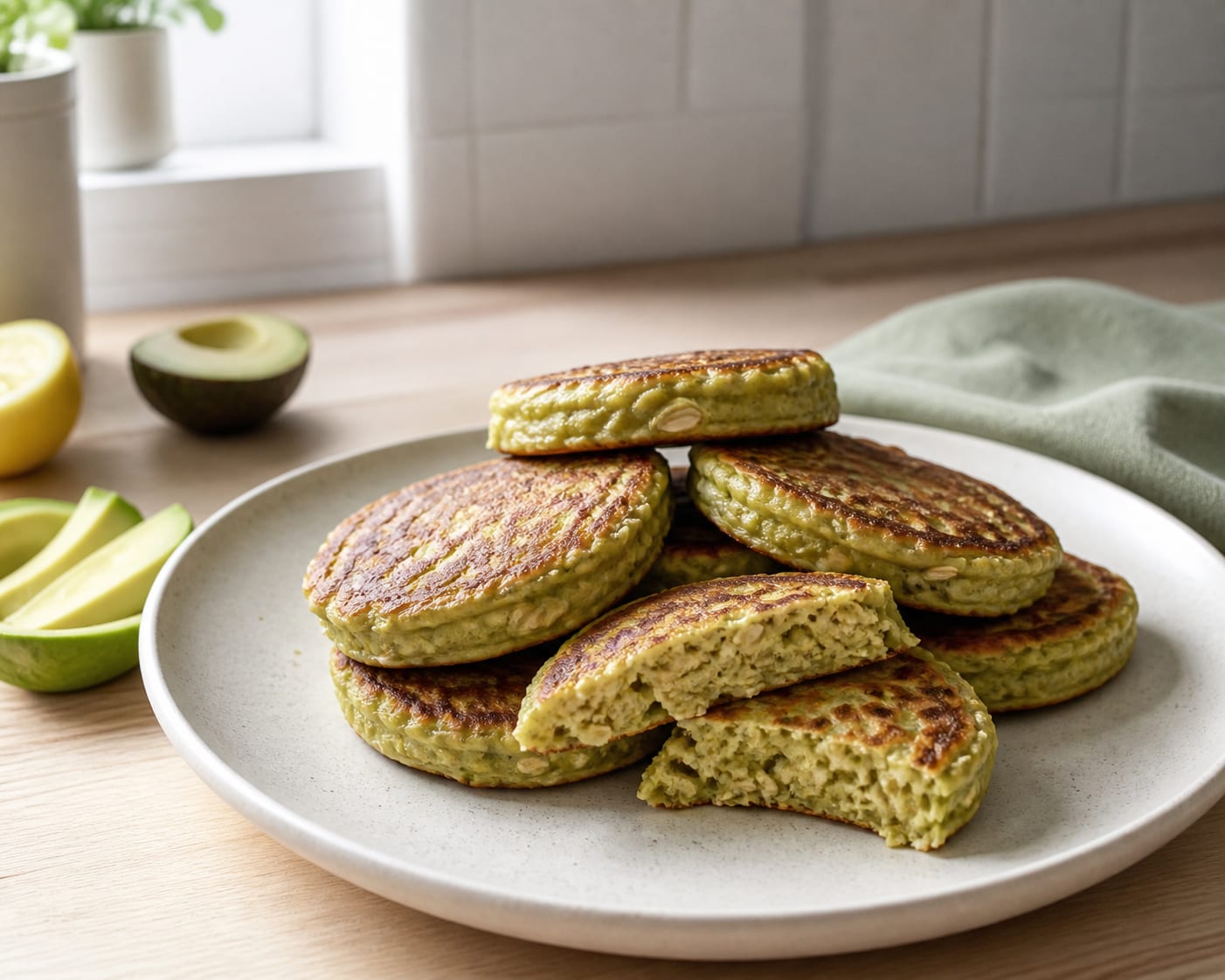 Avocado-Oafer-Frühstückspfannkuchen, serviert als natürliches Licht-redaktionelles Essensfoto