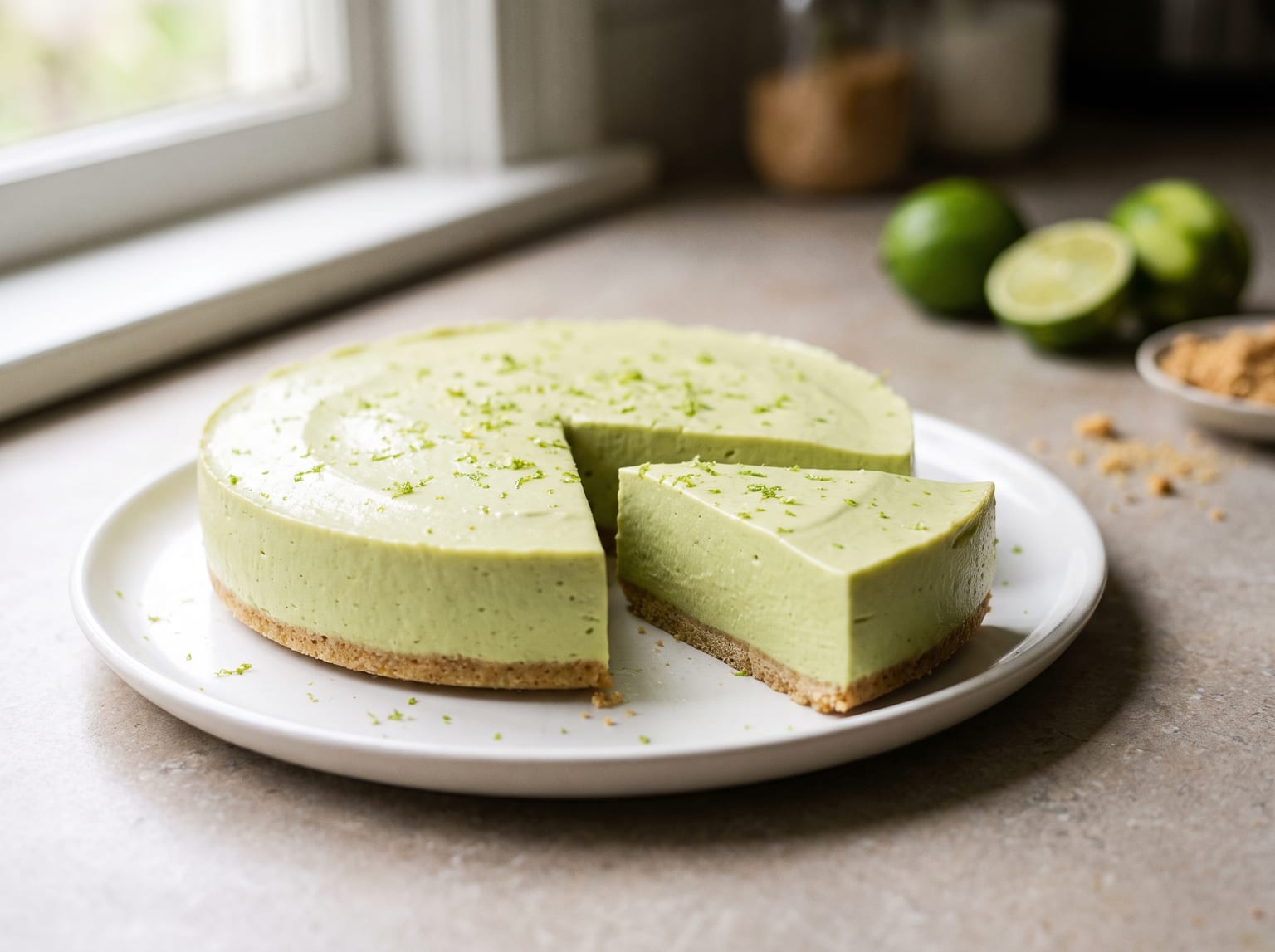 A slice of avocado-lime torte pulled forward on a plate next to fresh limes