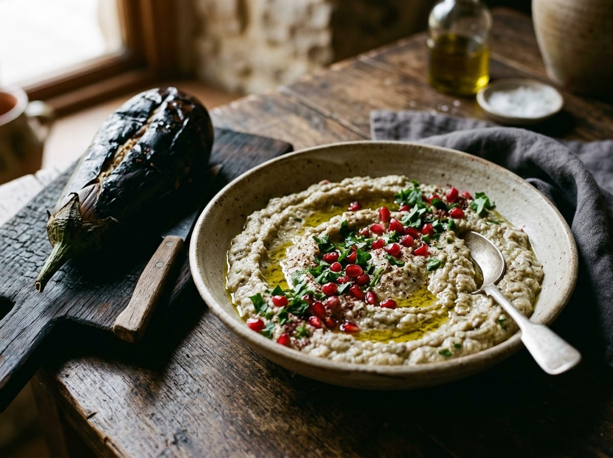 A shallow bowl of pale grey-beige smoky aubergine dip swirled with olive oil, scattered with parsley and pomegranate seeds, beside a blackened charred aubergine