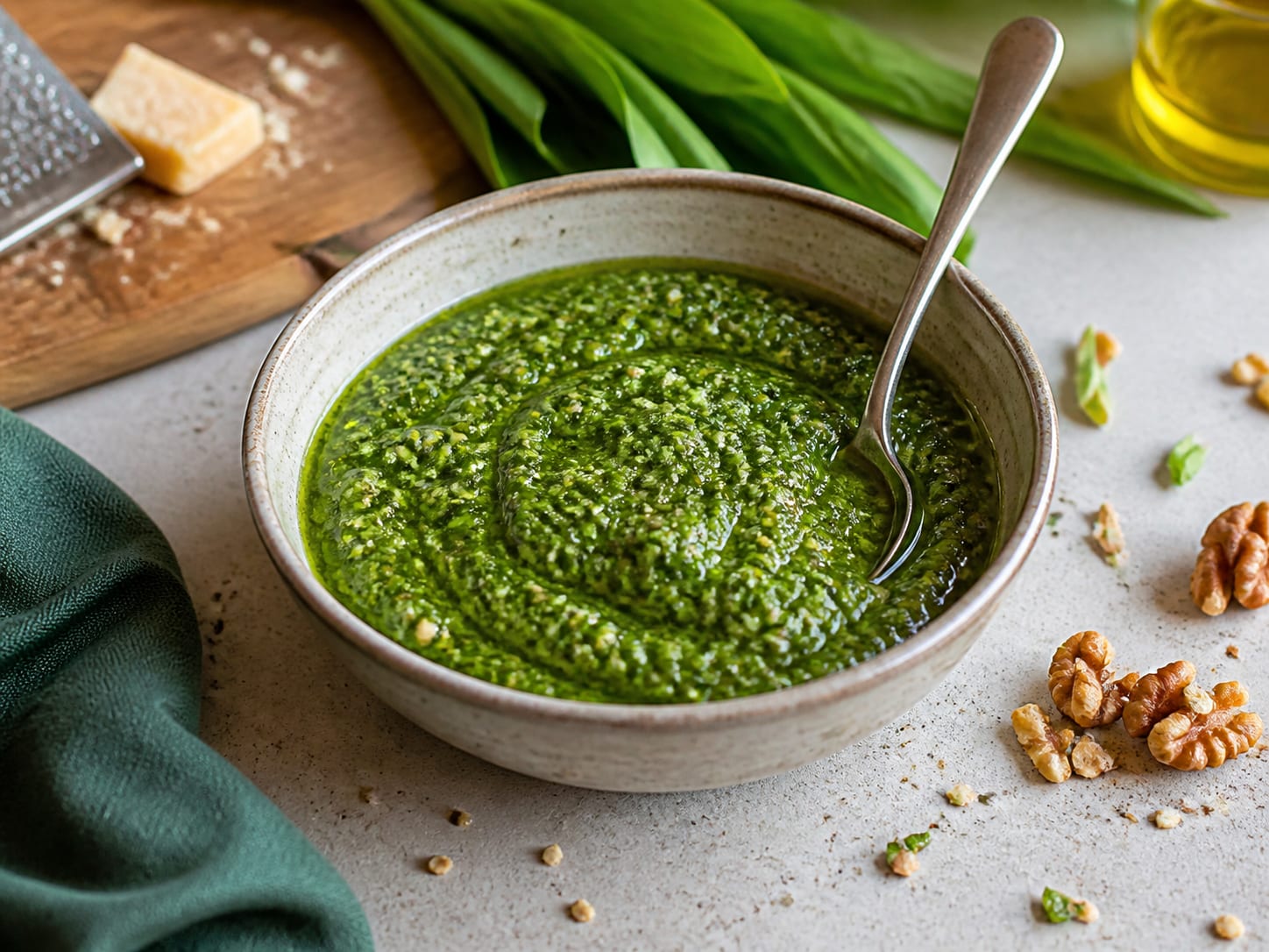Bärlauch-Walnuss-Pesto, plated for serving