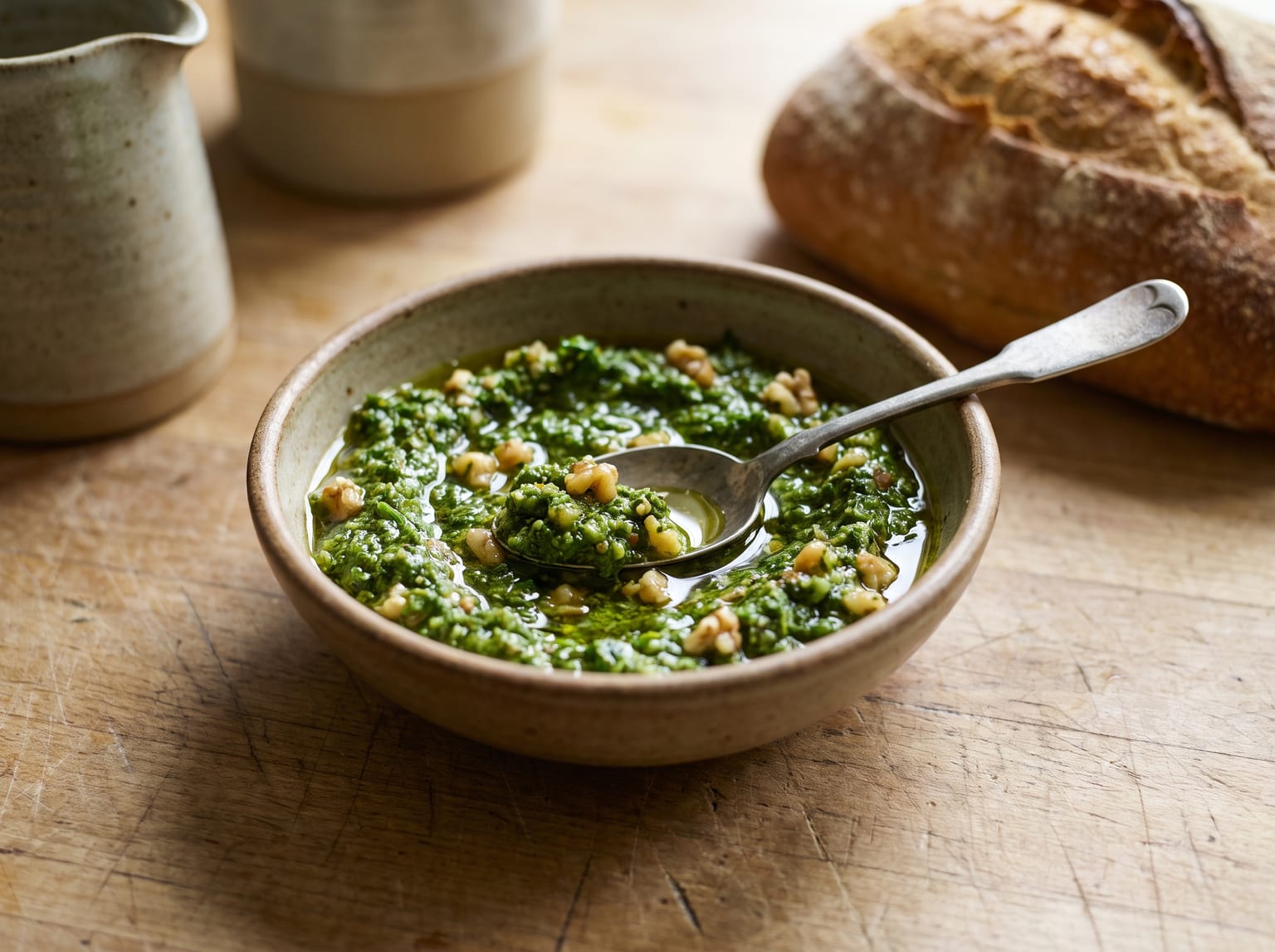 A bowl of wild garlic and walnut pesto with a spoon, next to a loaf of bread