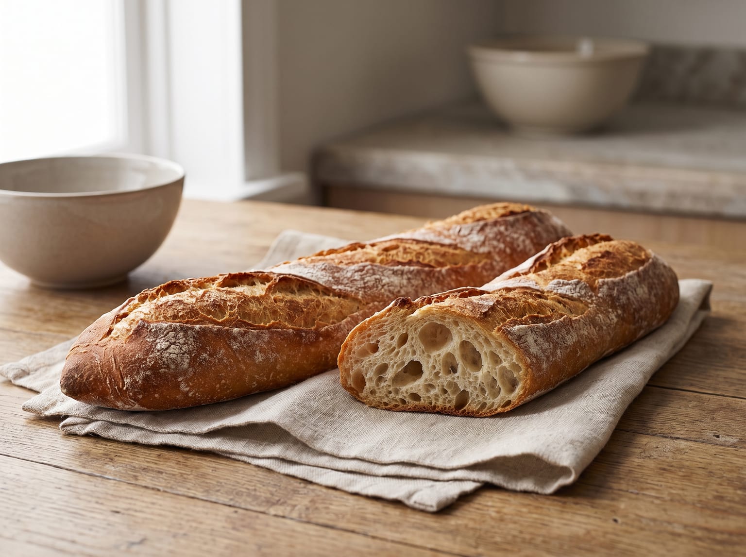 Two baguettes on a linen cloth, one sliced open to show the open crumb