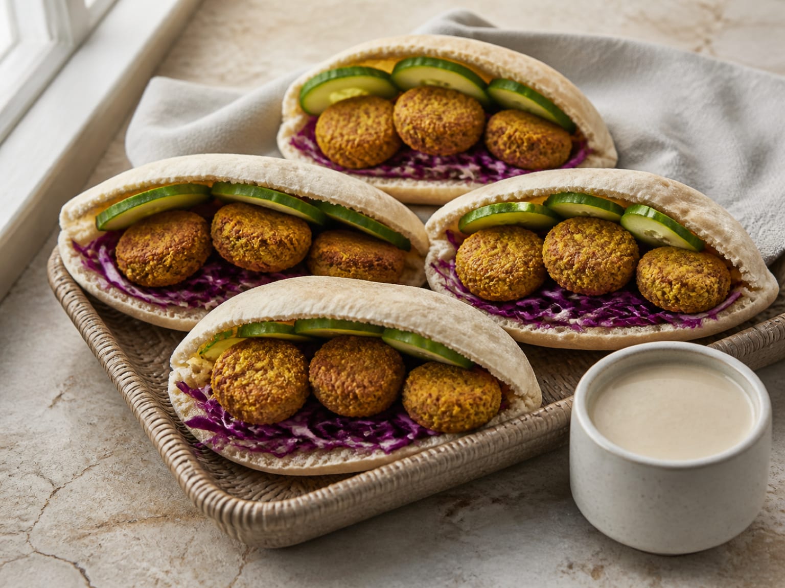Vier kompakte Pitahälften mit kleinen gebackenen Falafel, fein gehobeltem Rotkohl, Gurke und separat servierter Zitronen-Tahini-Sauce