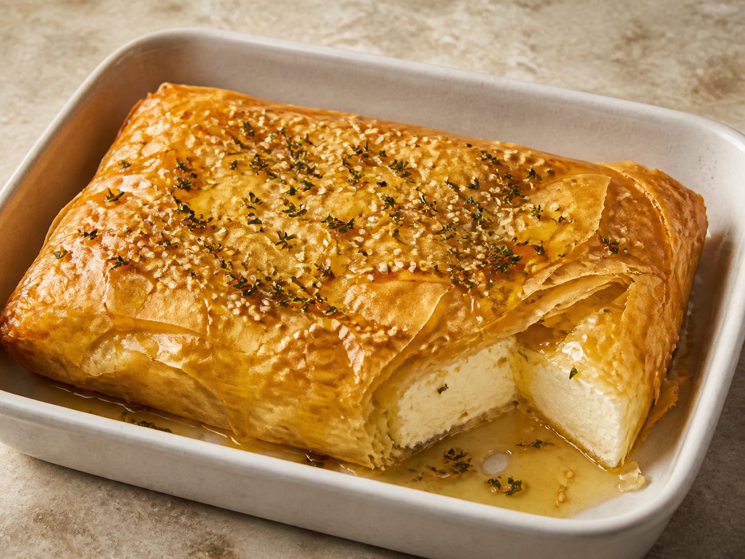 Baked feta in filo with thyme honey served as a natural-light editorial food photograph