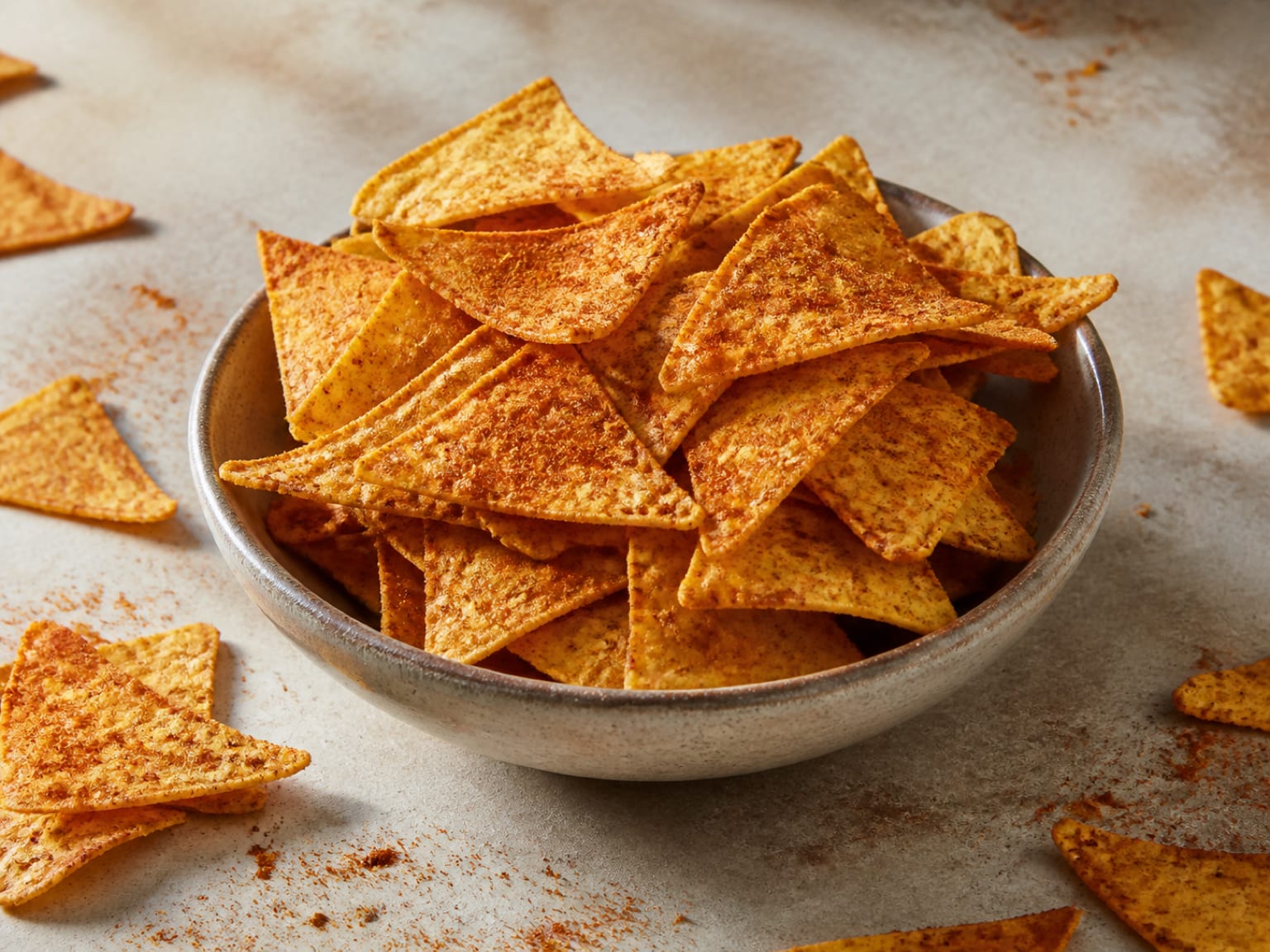 Crisp golden corn tortilla wedges dusted with a fine red tomato and chilli salsa seasoning
