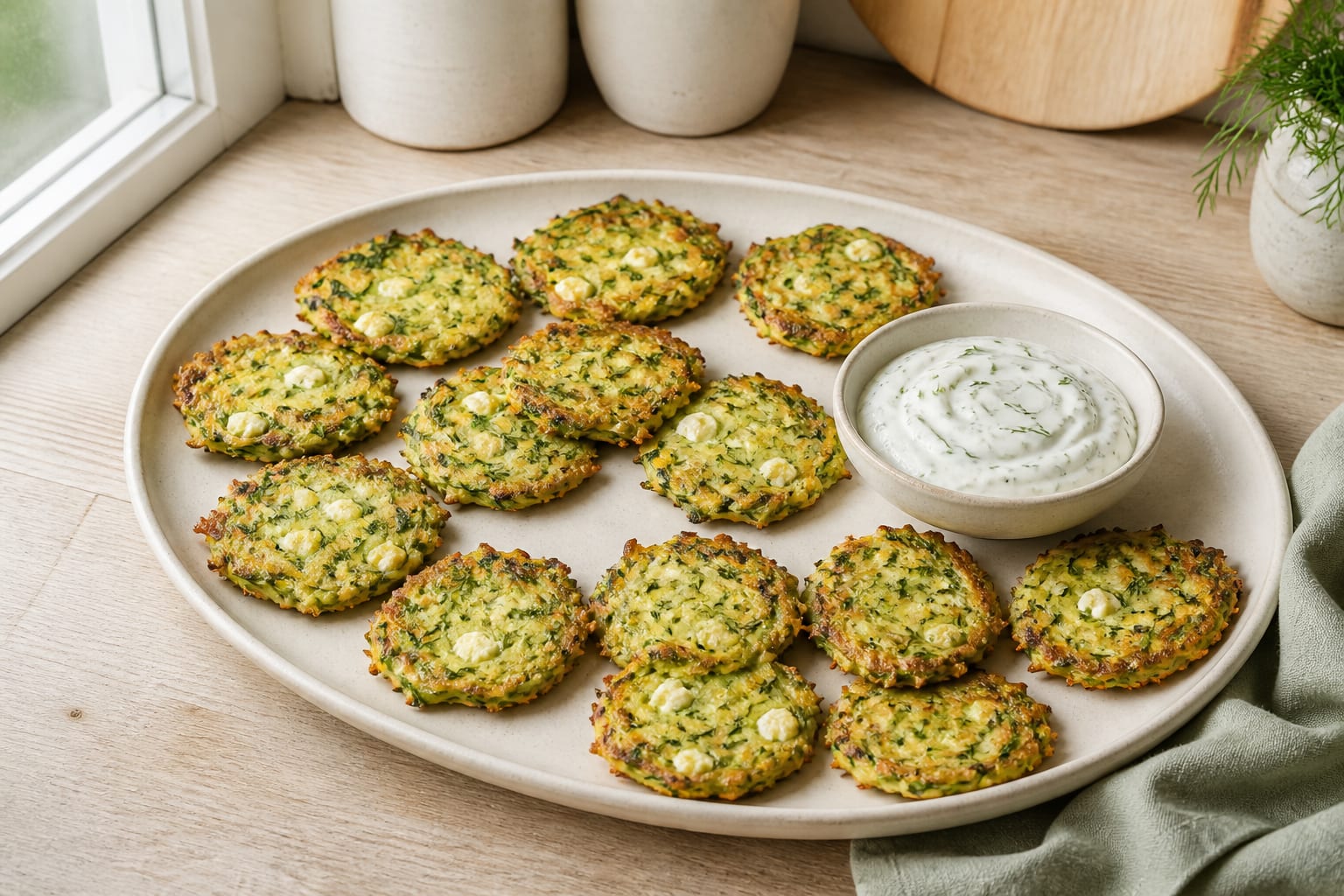 Twelve small golden baked zucchini-feta fritters with visible dill and a cream bowl of herbed yogurt on a pale kitchen table