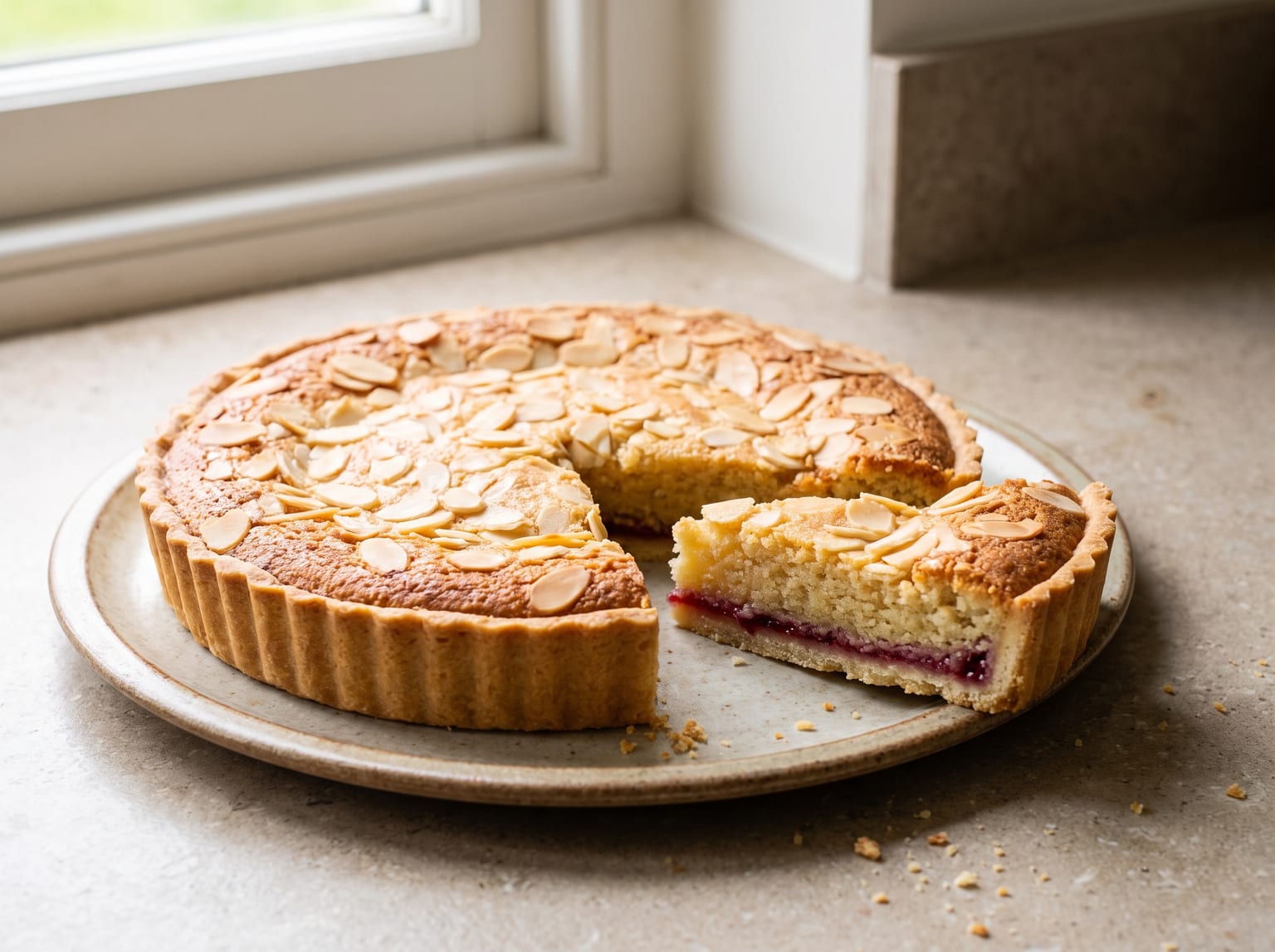A Bakewell tart with one slice turned on its side showing the jam and frangipane layers