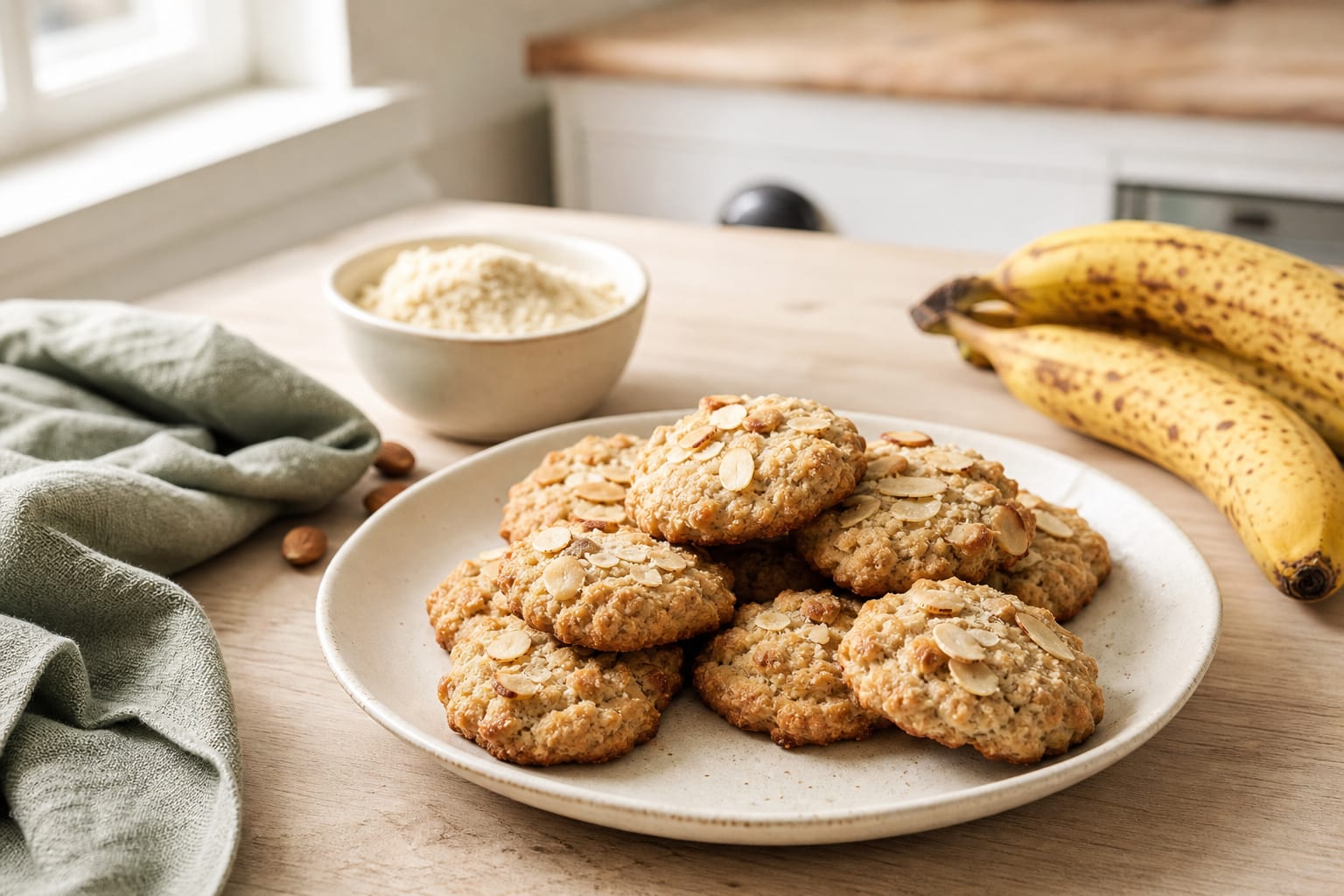 Small forked criss-cross almond cookies cooling on parchment on a sheet pan, cream surface, natural light