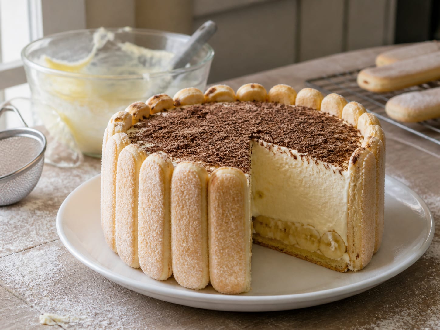 Bananen-Eierlikör-Torte, plated for serving