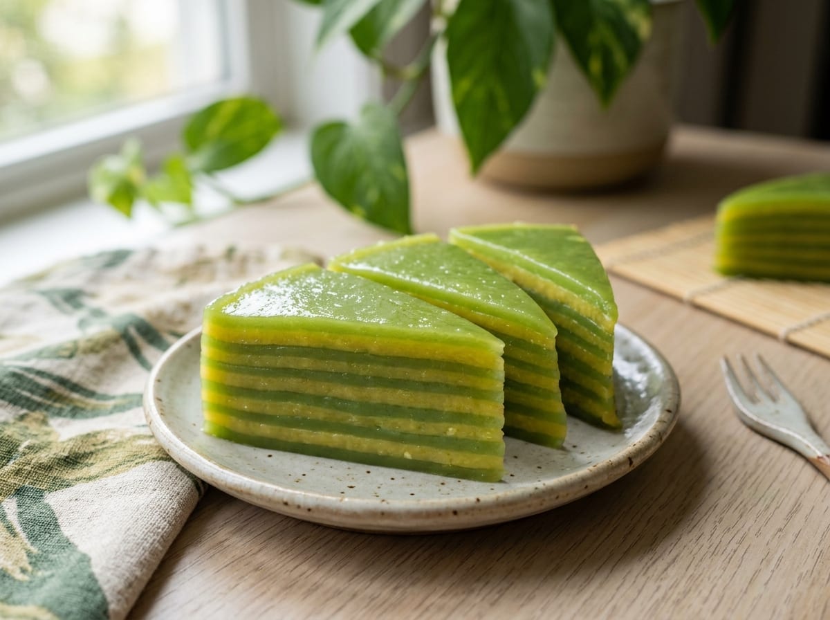 A cut rectangle of banh da lon on a small plate, showing nine alternating glossy green pandan and gold mung bean layers