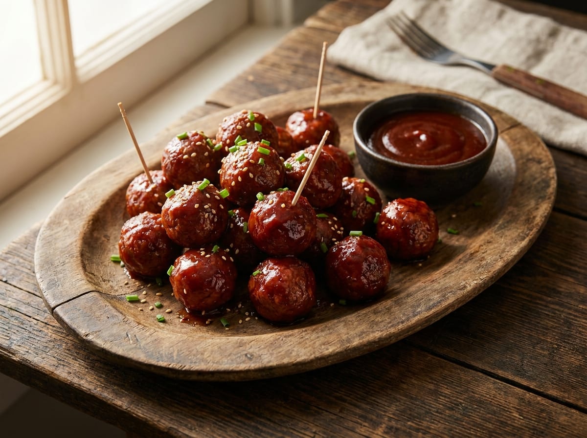 A wooden platter of glossy barbecue-glazed meatballs with toothpicks, next to a small bowl of dipping sauce