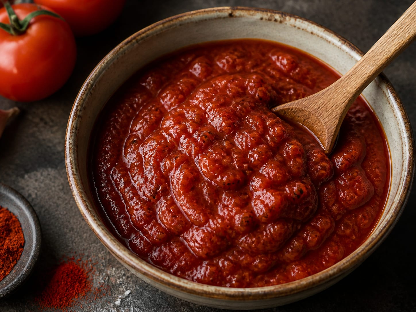 Ein Löffel dunkle ziegelrote Barbecue-Tomaten-Sauce, die ihre Form in einer Schüssel hält