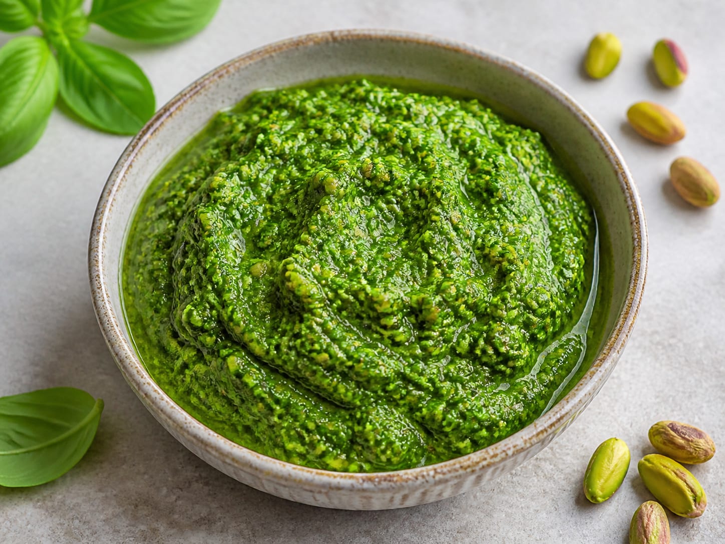 Eine Schüssel mit lebendigem grünem Basilikum und Pistazien-Pesto mit Basilikumblättern und geschälten Pistazien
