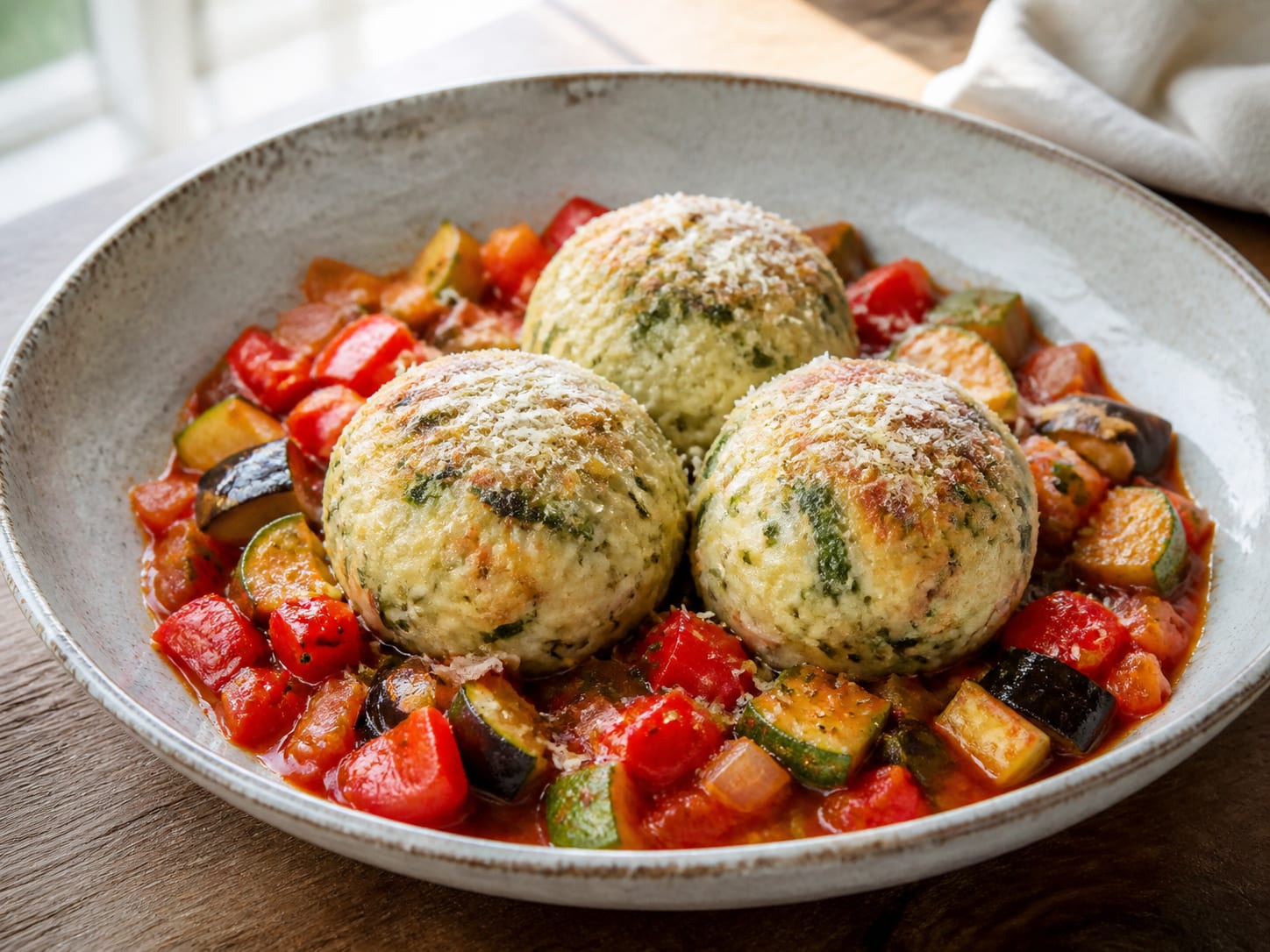 Basilikum-Knödel mit Ratatouille, plated for serving