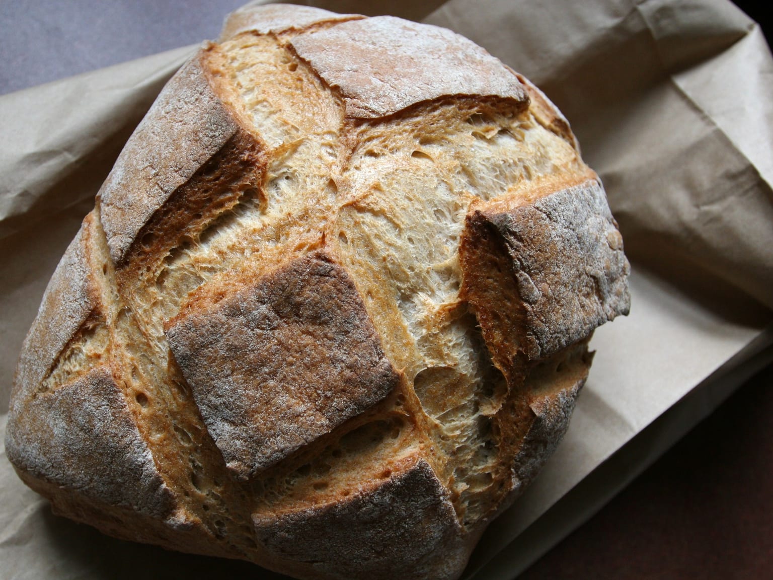 A round Bauernbrot on a cream linen cloth in natural light, very dark crackled crust burst open across the top from the seam, one thick slice cut away to show a close moist grey-brown rye crumb