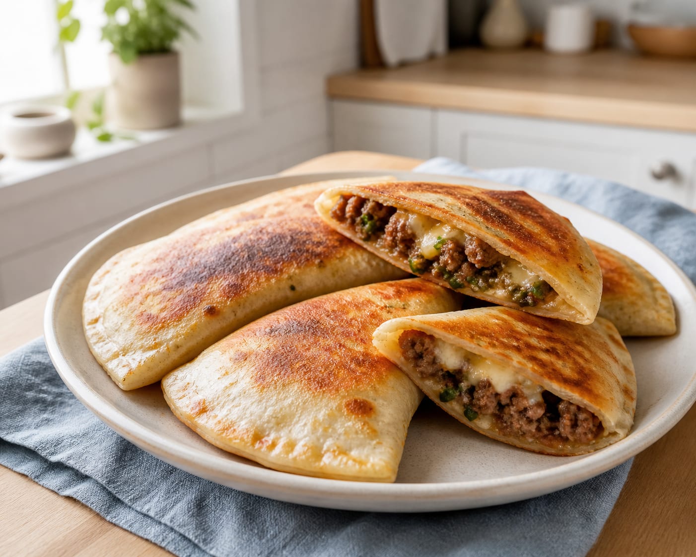 Beef-and-cheese tortilla pockets served as a natural-light editorial food photograph