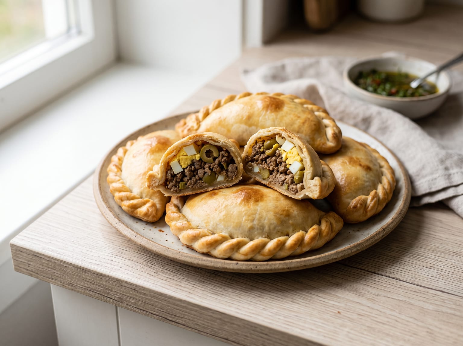 A plate of beef empanadas with a crimped rope-twist edge, some cut open showing beef, olive and egg filling