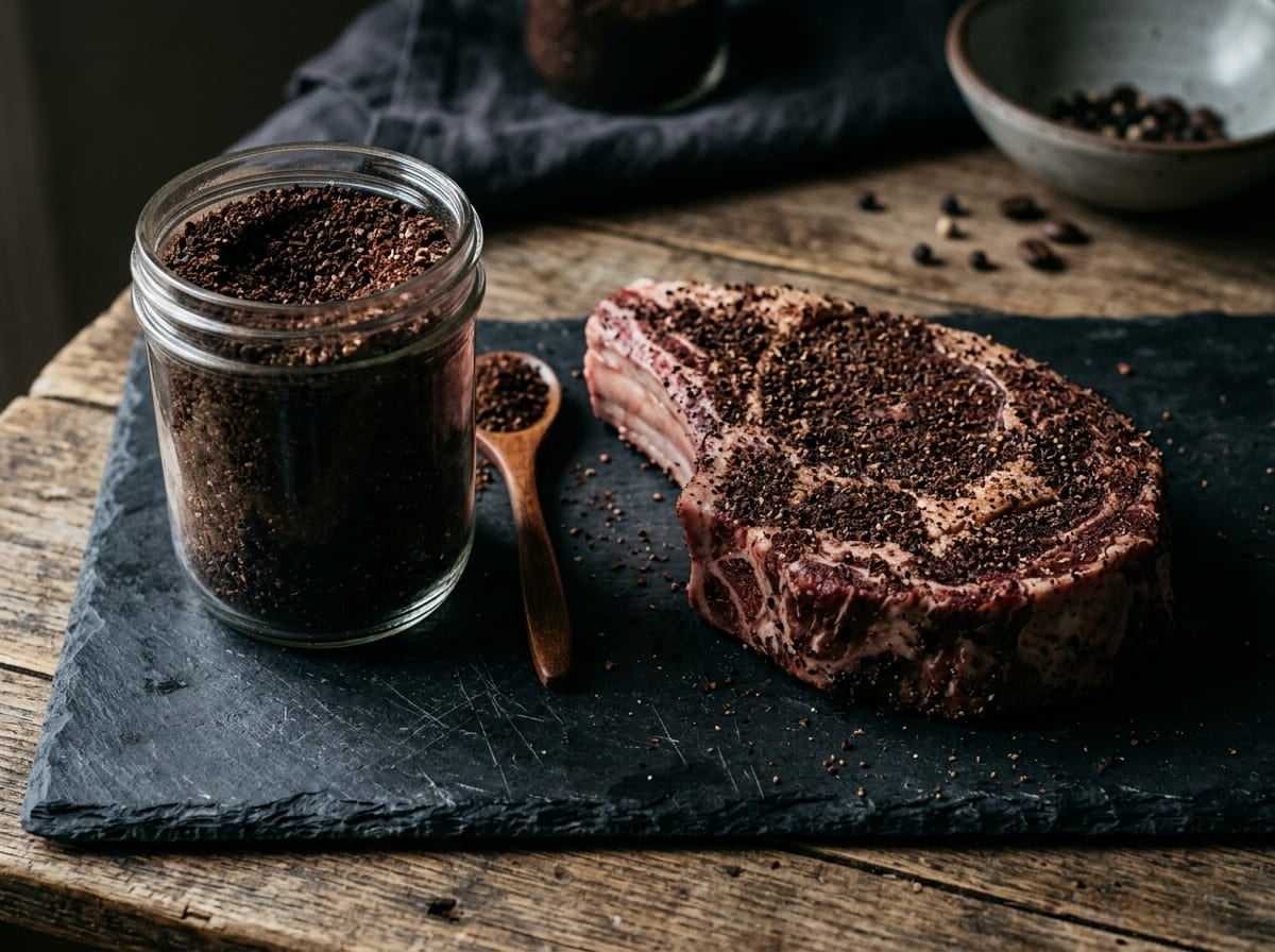 A jar of very dark, almost black-brown coffee and cocoa rub beside a thick raw steak crusted evenly with it on a dark board