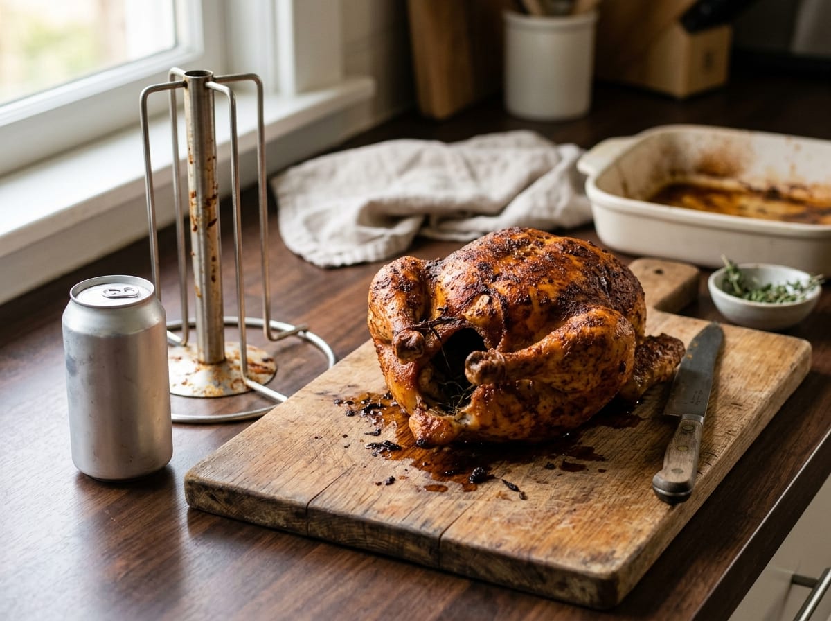A whole roasted chicken with browned, barbecue-rubbed skin on a wooden board beside an empty vertical roasting stand and a plain beer can