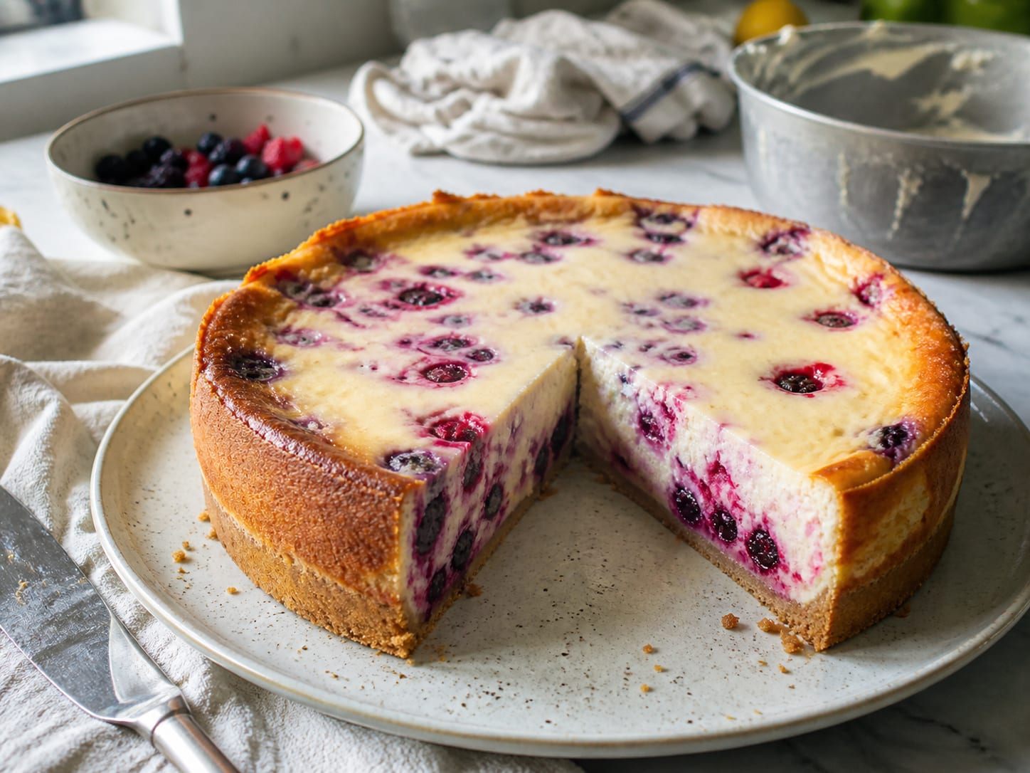 Beeren-Ricotta-Käsekuchen, plated for serving