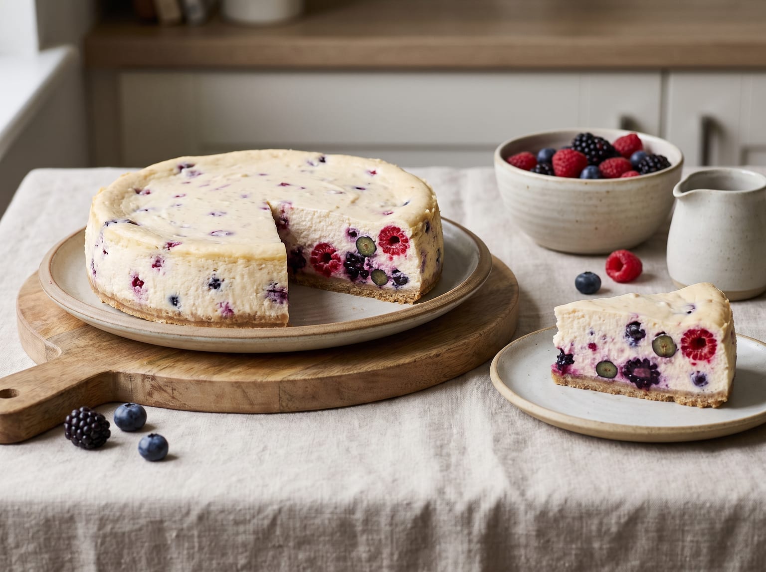 A mixed berry ricotta cheesecake with a slice cut and plated beside fresh berries