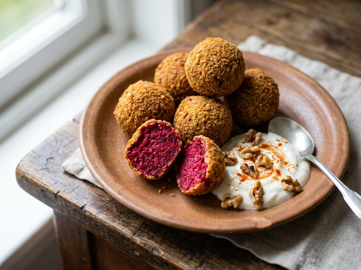 Golden fried falafel balls, one cut open to reveal a vivid magenta-red interior, served with yogurt and toasted walnuts