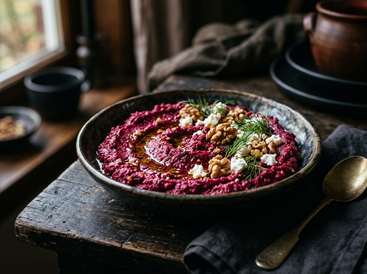 A bowl of vivid magenta beetroot dip swirled with olive oil and topped with walnut halves, dill and crumbled white feta