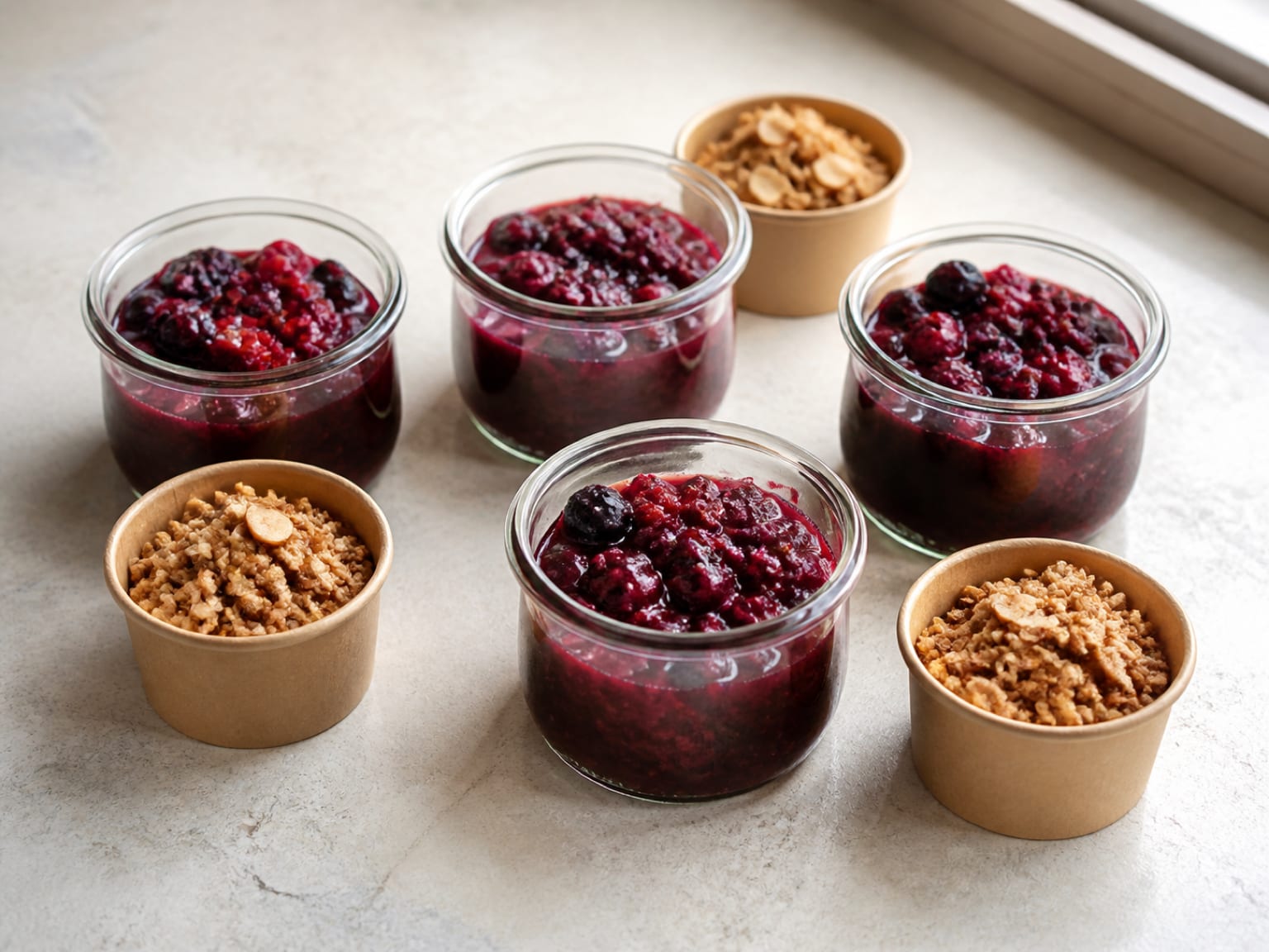 Four glass jars of dark berry filling beside crisp golden oat crumble in separate containers