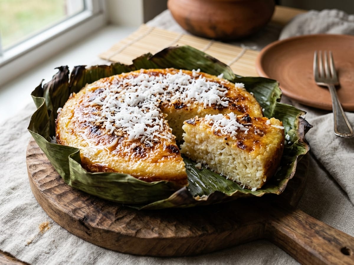 A golden bibingka fresh from the oven in its round tin, banana leaf lining visible at the edges, brushed with melted butter and topped with grated coconut, one wedge cut