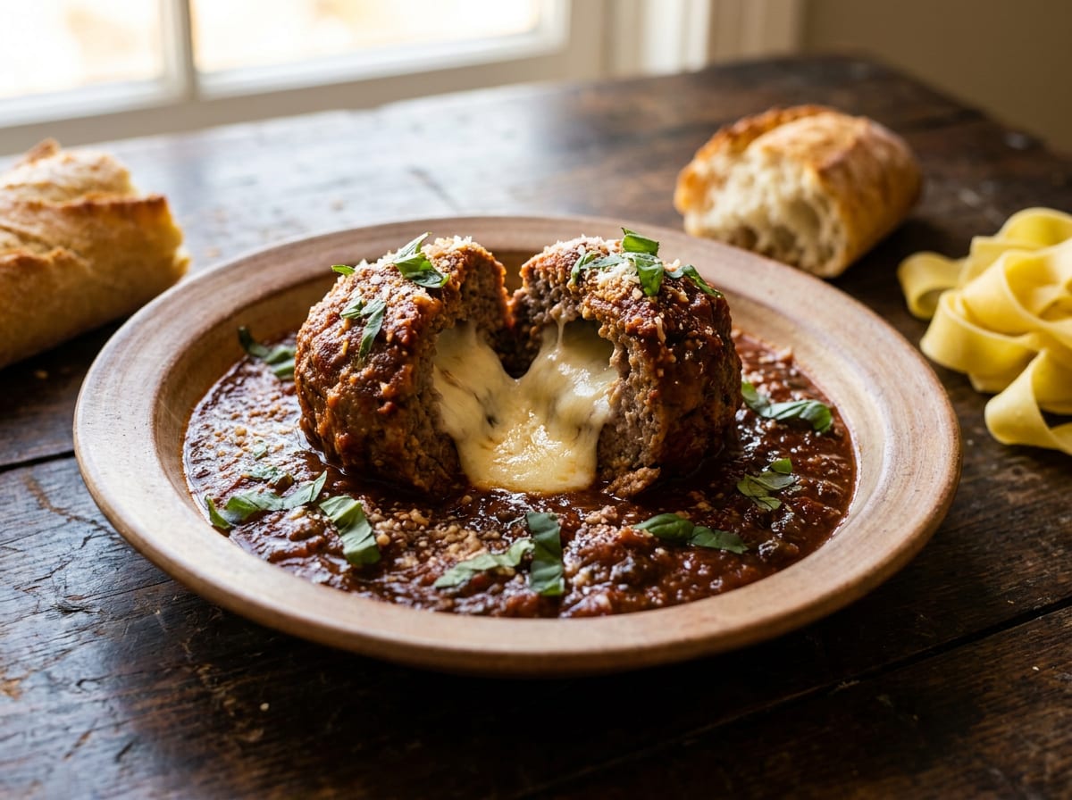 A large meatball sliced open on a plate of tomato sauce, showing a molten mozzarella centre, with crusty bread and pasta nearby