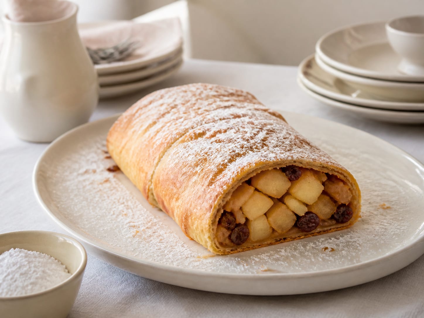 Birnen-Mürbeteig-Strudel, zum Servieren angerichtet