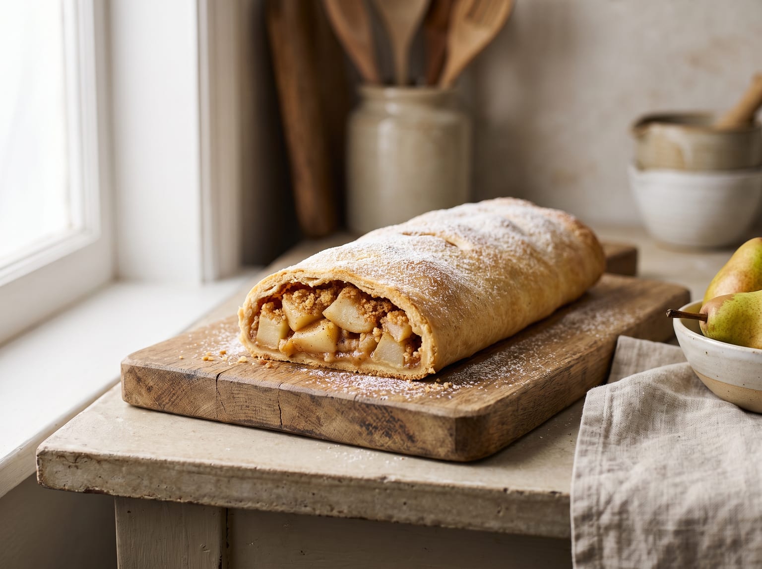 Ein gebackener Birnen-Mürbeteig-Strudel, aufgeschnitten mit Blick auf die Birnen-Bröselfüllung