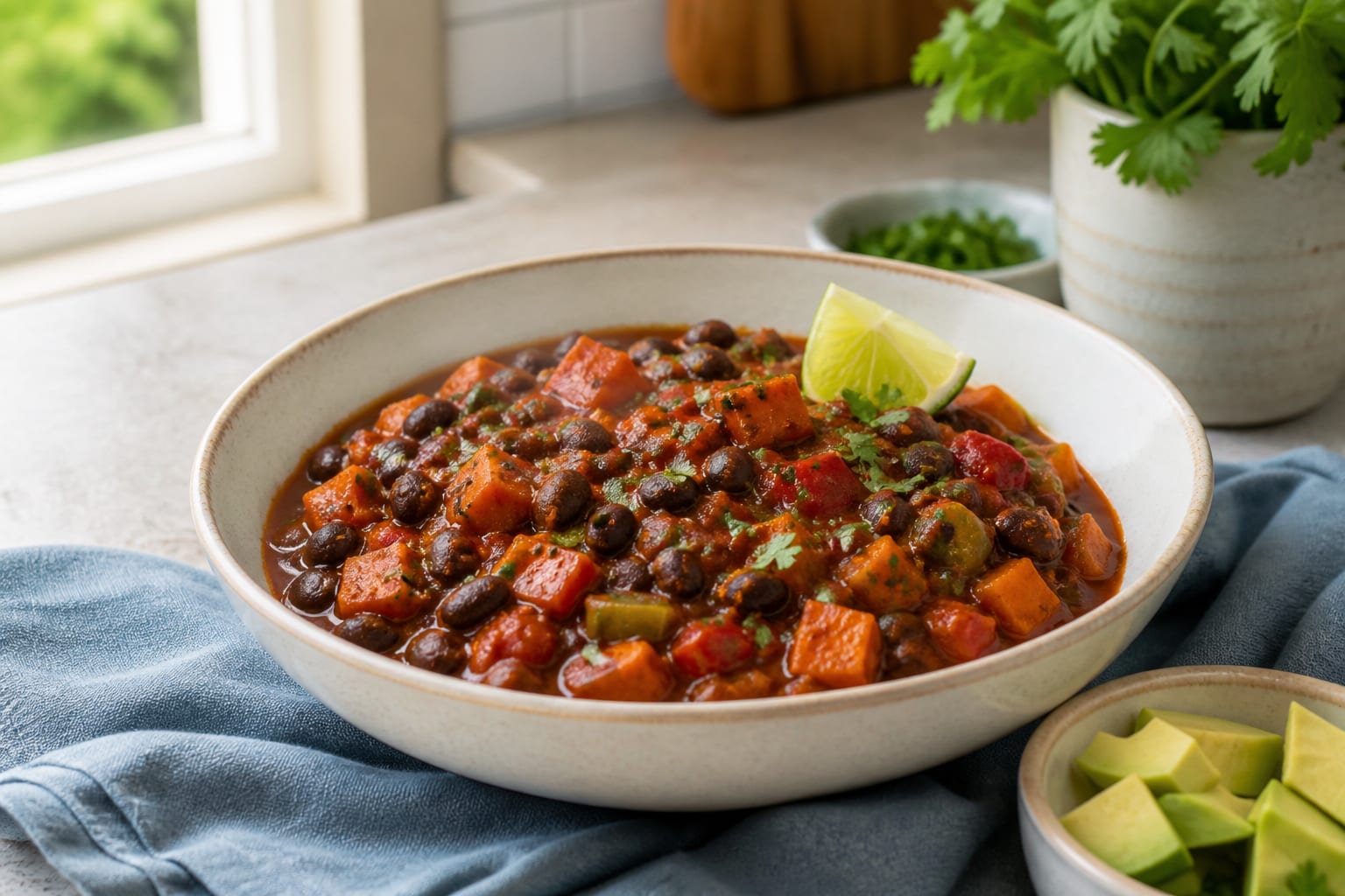 Dark chili full of black beans and orange sweet potato cubes in a cream bowl, sliced avocado and cilantro on top, natural light from the side